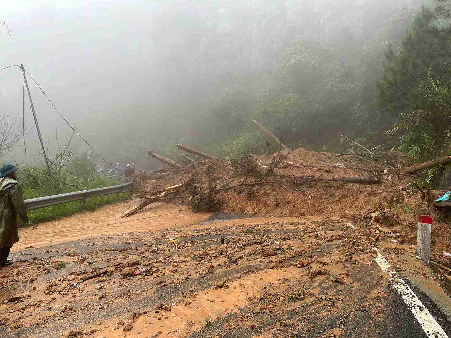 Diem sat lo tren Quoc lo 20, qua xa D'ran khien khoi luong lon dat, da chan ngang duong lam giao thong ach tac. Anh: Co quan chuc nang cung cap
