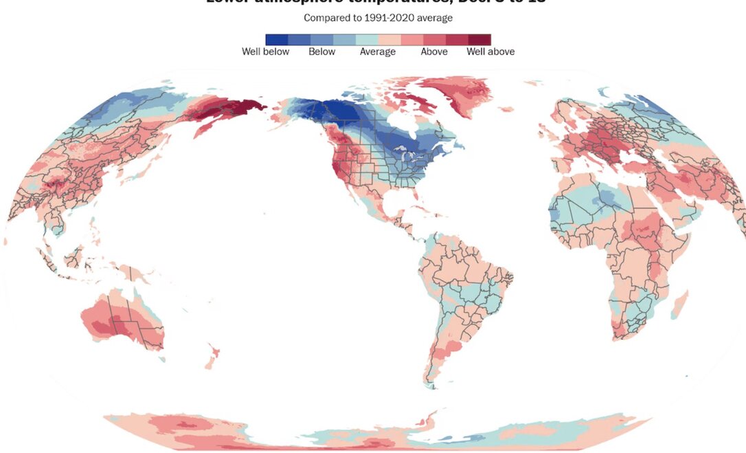 今後10日間で、強い寒気が地球上の多くの地域で平均よりもはるかに低い気温を背景にすると予測されています。写真:ECMWF/ERA5