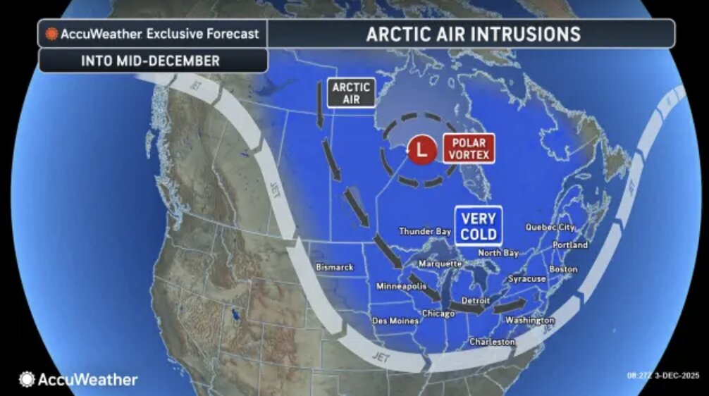 Mo hinh du bao luong khi lanh tu Bac Cuc tiep tuc tran xuong khu vuc trung tay va dong bac My, keo dai dot ret den giua thang 12. Nguon: AccuWeather.