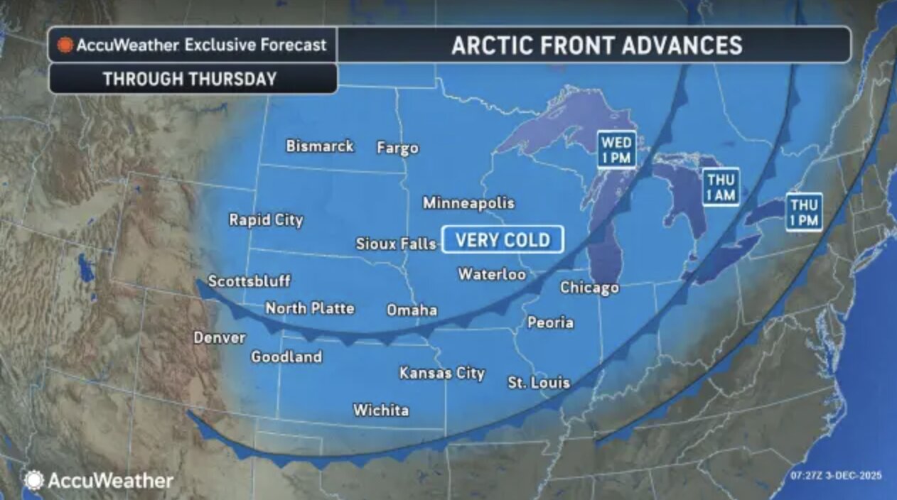 The map predicts a record drop in temperature in the state of Minnesota, with many areas below -10 degrees. Photo: AccuWeather