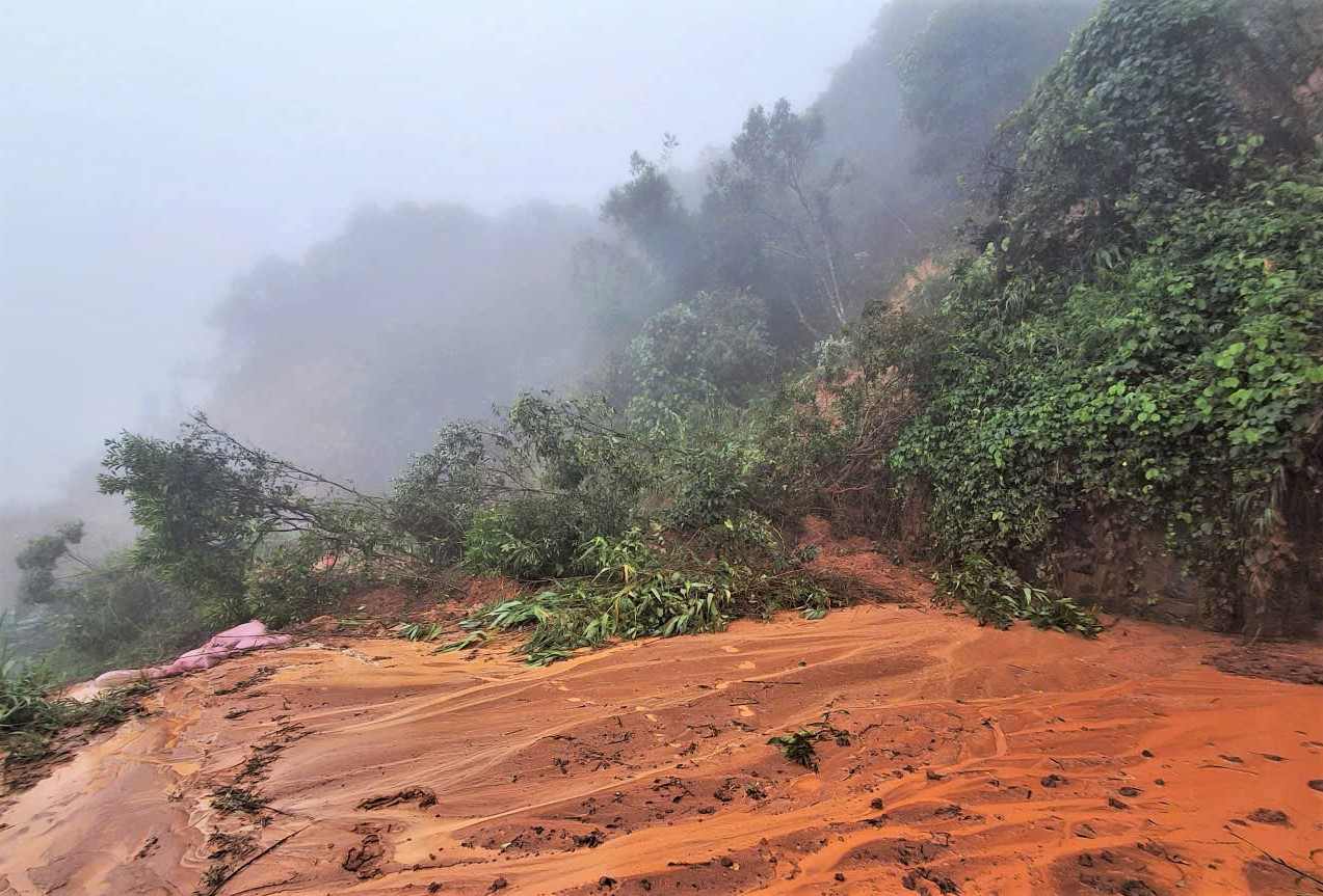 この地滑りにより、ラムドンのザバック峠の路面は大量の岩石や土で埋まり、現場での積み下ろし作業に多くの困難が生じた。写真: フック・カーン