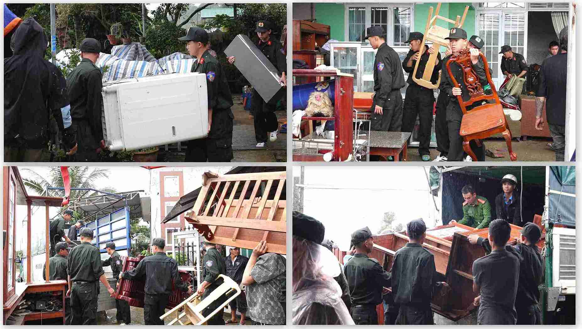 Cong an cac don vi, dia phuong tren dia ban tinh Lam Dong giup dan ung pho voi mua lu. Anh: Cong an cung cap