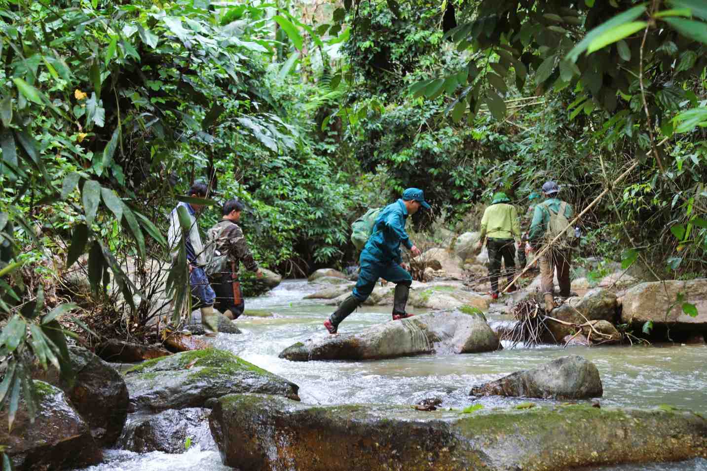 Can bo Khu bao ton thien nhien Pu Huong treo deo loi suoi de lap bay anh. Anh: Song Hoang 