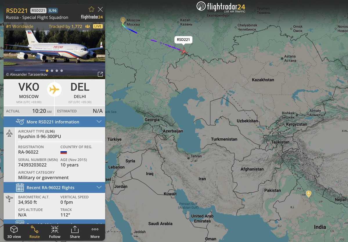 푸틴 대통령을 태운 전용기가 12월 4일 세계에서 가장 많이 시청되었습니다. 사진: Flightradar24