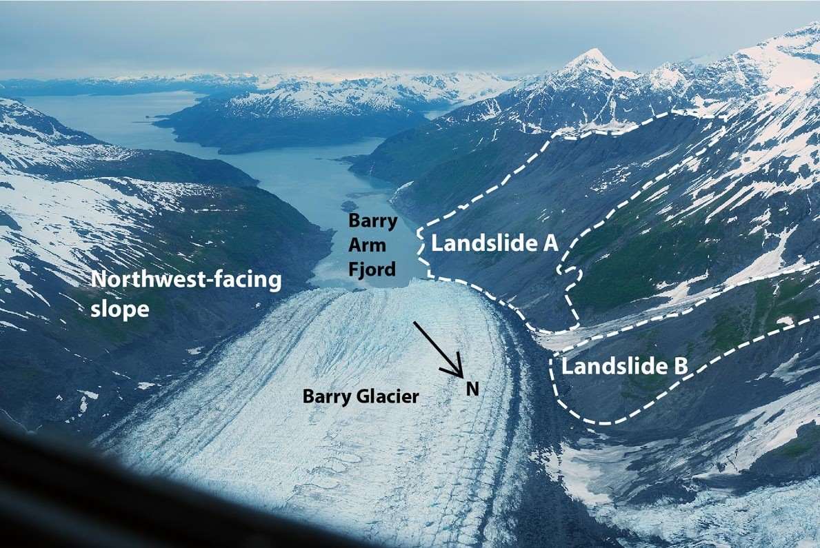 Solo un deslizamiento de tierra repentino en Barry Arm podria crear un supertifon a una altitud inusual. Foto: Servicio Geologico de Estados Unidos