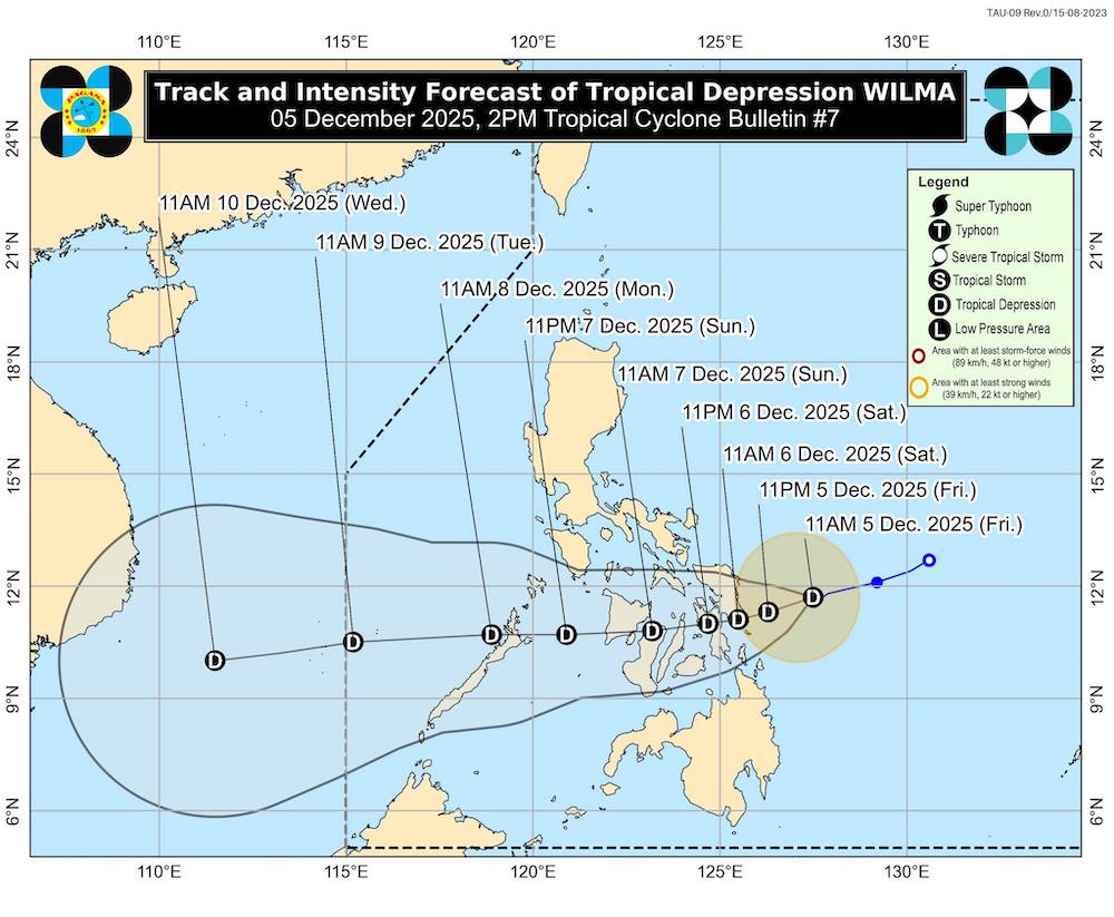 Dự báo đường đi và vùng ảnh hưởng đầu tiên của áp thấp nhiệt đới được dự báo có khả năng mạnh lên thành bão. Ảnh: Pagasa