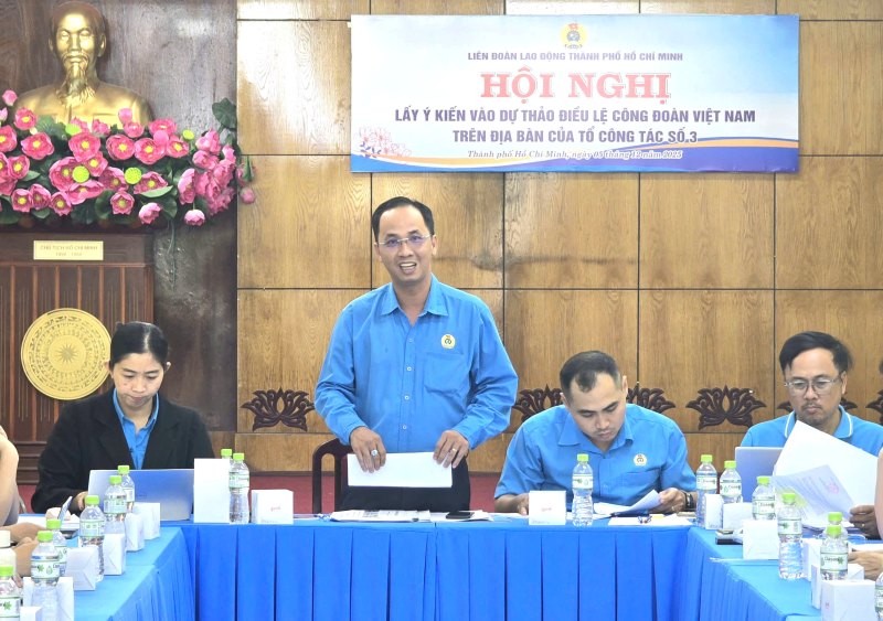 Mr. Vo Khac Binh - Deputy Head of the Ho Chi Minh City Labor Federation's Area Management Working Group No. 3 (standing person) - spoke at the conference. Photo: Nam Duong
