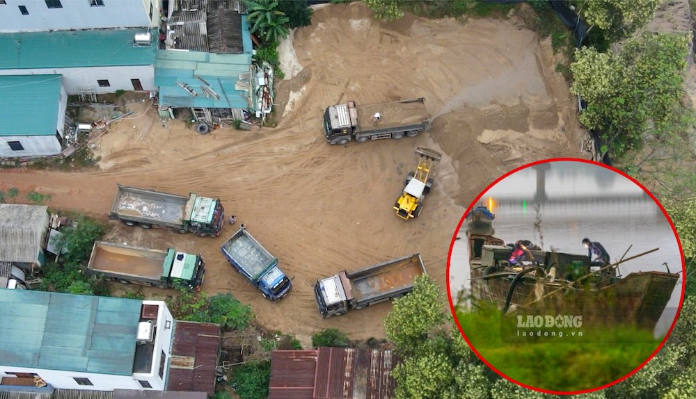 Nhóm cát tặc hút cát rồi bơm cát lên bãi tập kết trong đêm. Đến sáng, nhiều xe ôtô nối đuôi chở đi tiêu thụ. Ảnh: PV