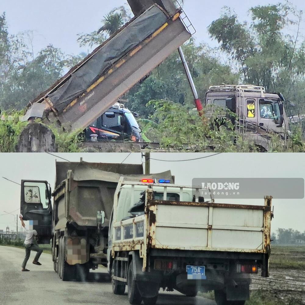 Trước khi đến điểm tiêu thụ ở TP Huế, tài xế điều khiển ô tô chở cát vào Km20 Quốc lộ 49B đoạn qua TP Huế thì xe Cảnh sát giao thông chạy phía sau phát tín hiệu. Nam tài xế xuống xe, đến gặp tổ công tác chưa đầy một phút thì lên xe rời đi. Ảnh: PV
