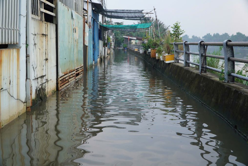 Chieu 5.12, trieu cuong tren he thong song Sai Gon dang cao khien nhieu tuyen duong o cac khu vuc trung, thap tai TPHCM bi ngap sau. 