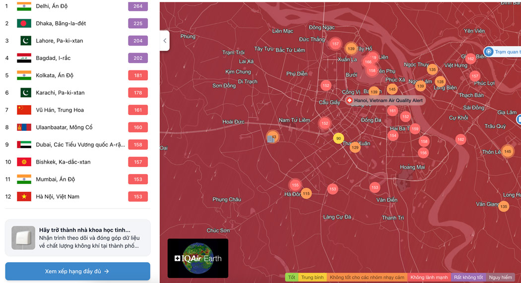 Chi so o nhiem tai Ha Noi tiep tuc o muc cao. Anh: IQAir