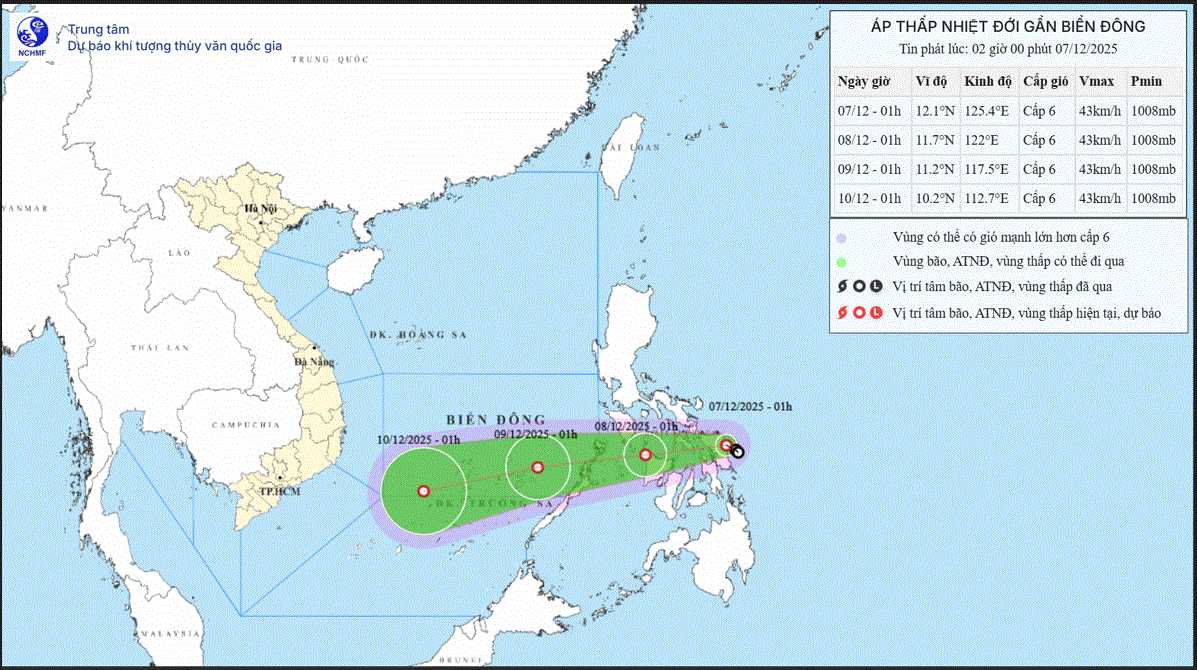 Ap thap nhiet doi du kien vao Bien Dong sang som 8.12. Anh: Trung tam Du bao Khi tuong Thuy van Quoc gia Viet Nam