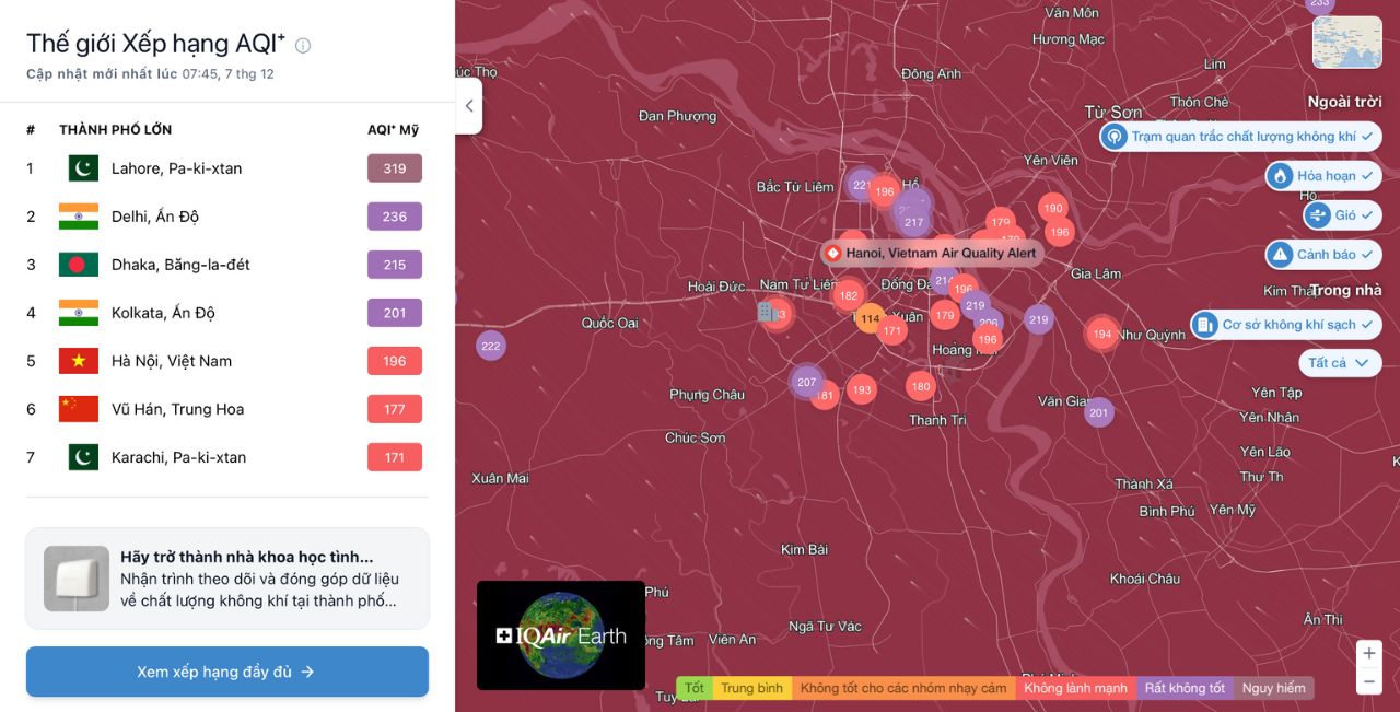 Lúc 7h45 sáng nay, IQAir xếp Hà Nội là thành phố ô nhiễm thứ 5 trên thế giới. Ảnh: IQAir