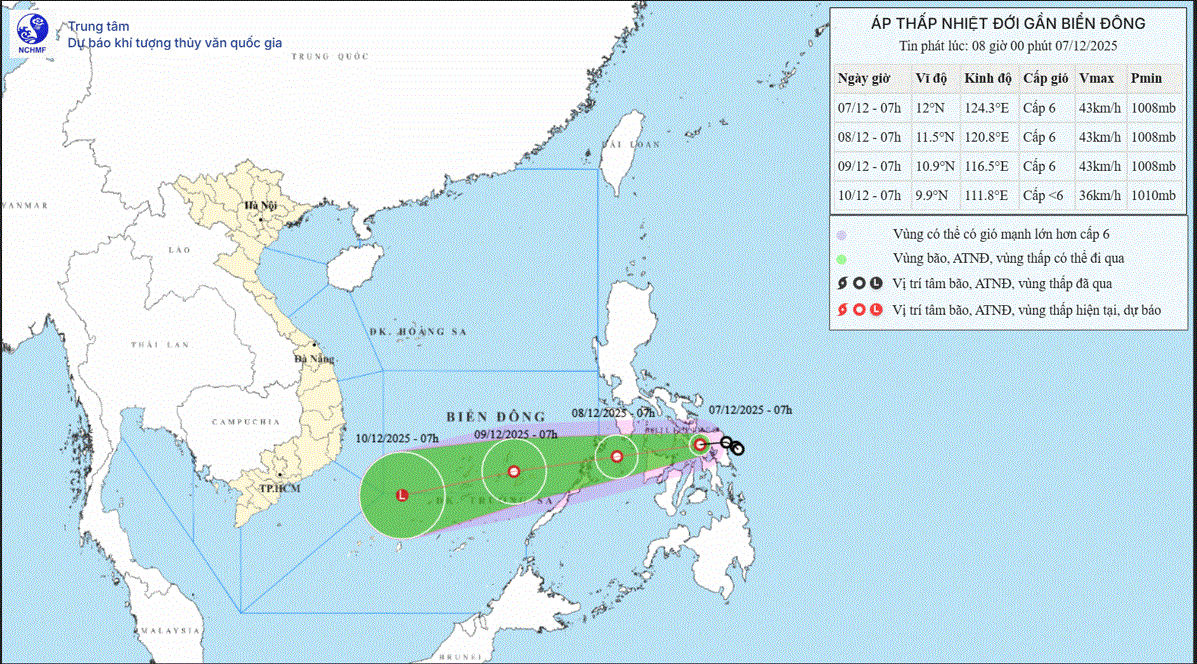 Ultimas previsiones sobre el camino y la zona de influencia de la depresion tropical despues de tocar tierra en Filipinas y entrar en el Mar de China Meridional. Foto: NCHMF