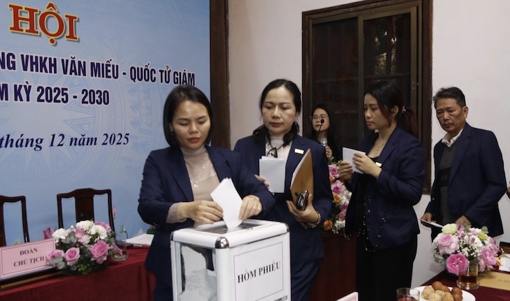 Delegates fulfilling their responsibilities at the 7th Congress, term 2025 - 2030 of the Trade Union of the Center for Cultural and Scientific Activities of the Temple of Literature - Quoc Tu Giam. Photo: CDTT