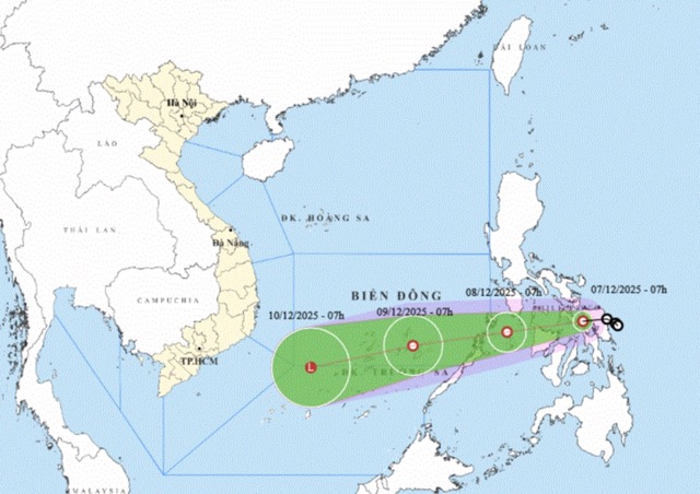Ultimas previsiones sobre la trayectoria de la depresion tropical que pronto entrara en el Mar de China Meridional. Foto: NCHMF