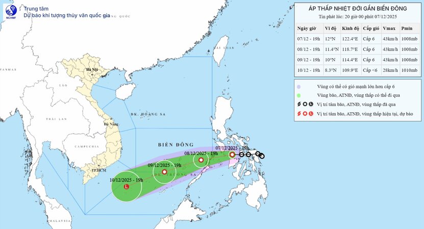 Pronostico del camino y la zona de influencia de la depresion tropical en el Mar de China Meridional a partir de mañana 8 de diciembre. Foto: NCHMF