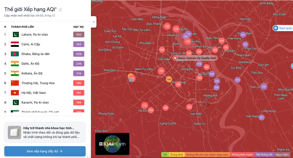 Theo IQAir, luc 8h sang nay nhieu khu vuc o Ha Noi co chi so o nhiem khong khi o muc rat khong tot. Anh: IQAir