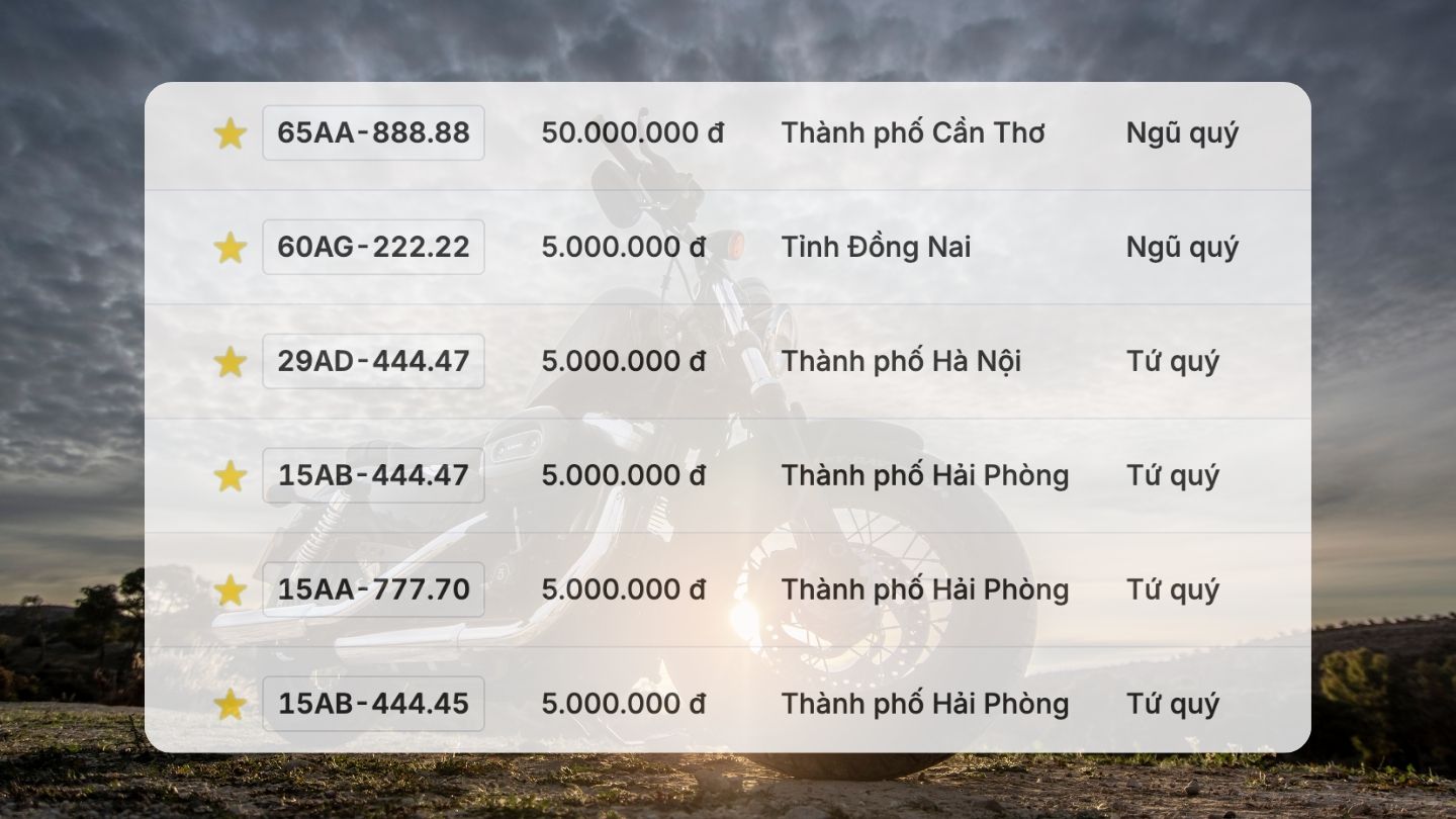 Biển số xe máy có trong phiên đấu giá ngày 8.12. Đồ họa: Hạo Thiên