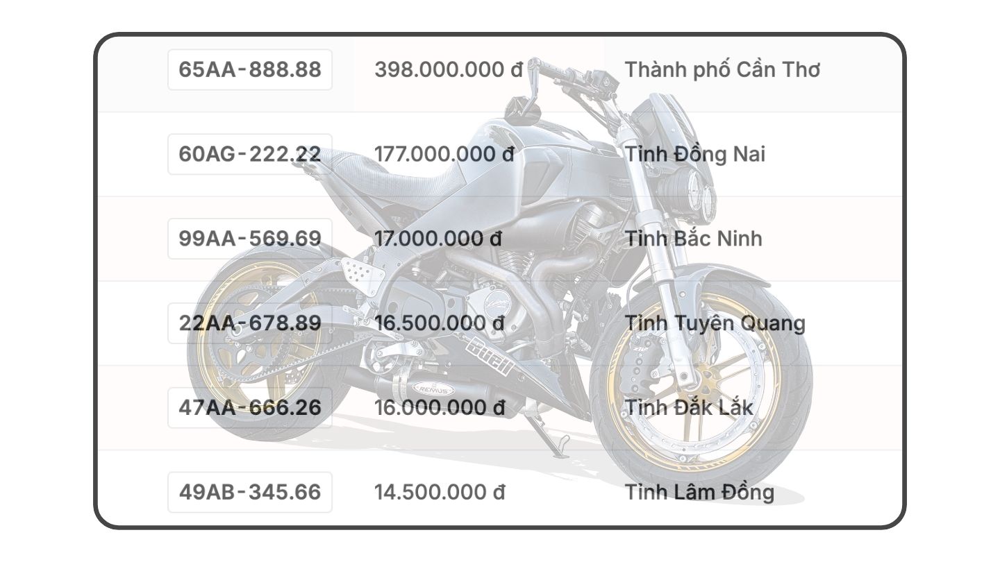 Danh sách kết quả trúng đấu giá biển số xe máy trong ngày 8.12 được cập nhật trên trang đấu giá trực tuyến. Đồ họa: Hạo Thiên