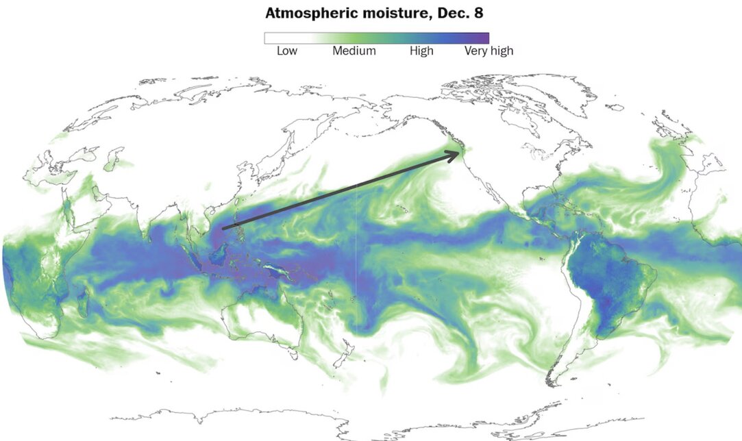 The atmospheric river stretches 11,000km in the Pacific Ocean this week, forecasting heavy rain and high risk of flooding in the northwest Pacific this week. Photo: ECMWF