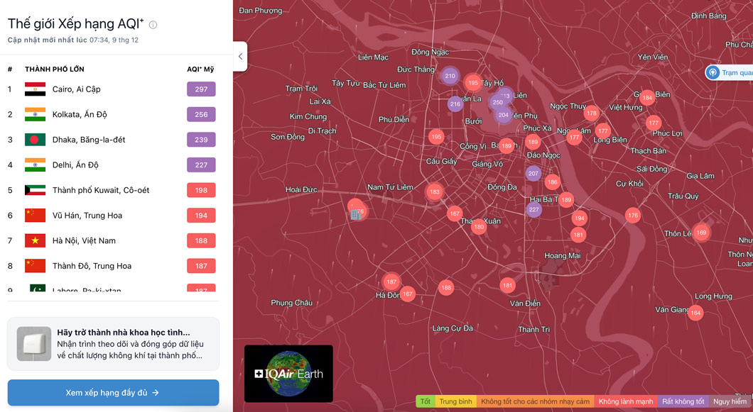 Nhieu khu vuc tai Ha Noi co chi so AQI o nguong tim. Anh: IQAir