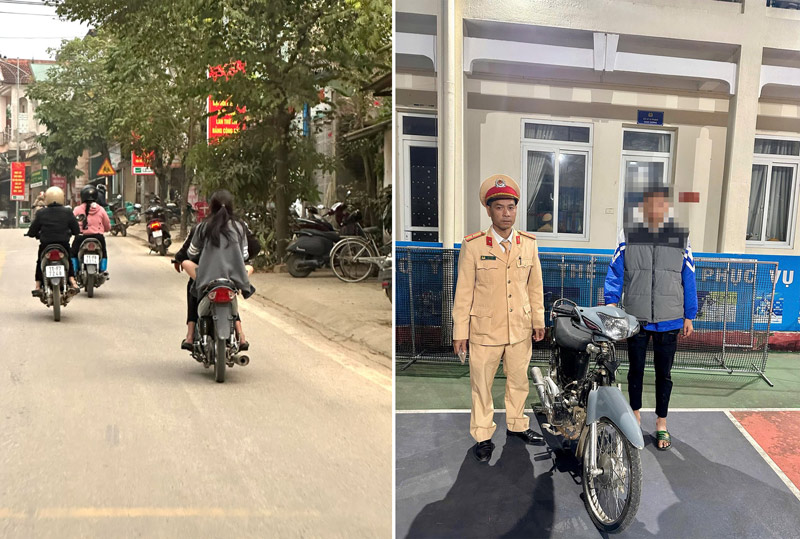 Nam sinh bị xử lý sau khi chở bạn gái trên xe máy không biển số, đầu không đội mũ bảo hiểm. Ảnh: Công an Cao Bằng