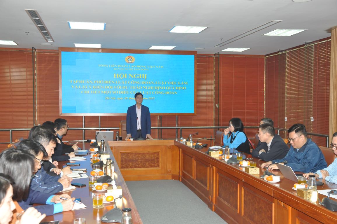 Ong Ngo Duy Hieu - Pho Chu tich Tong Lien doan Lao dong Viet Nam phat bieu tai hoi nghi. Anh: Bao Han