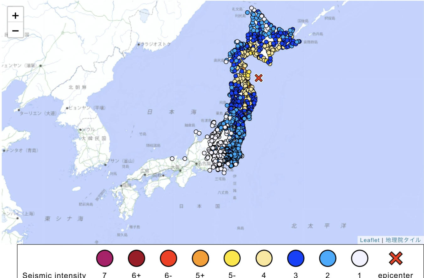 赤と黄色の領域は、日本の沖合で12月8日の地震から明確な揺れを感じている場所を示しています。写真:日本気象庁