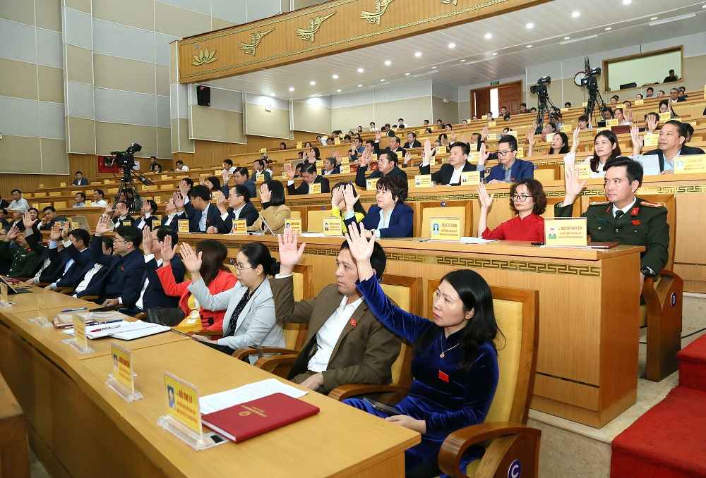 省人民評議会の代表者は会議で決議案を可決することに投票した。写真: フンイエン省電子情報ポータル