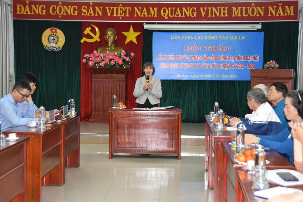 La Sra. Nguyen Thi Bich Thuy - Vicepresidenta Permanente de la Federacion Laboral de la provincia de Gia Lai - hablo en el seminario. Foto: Hoai Phuong