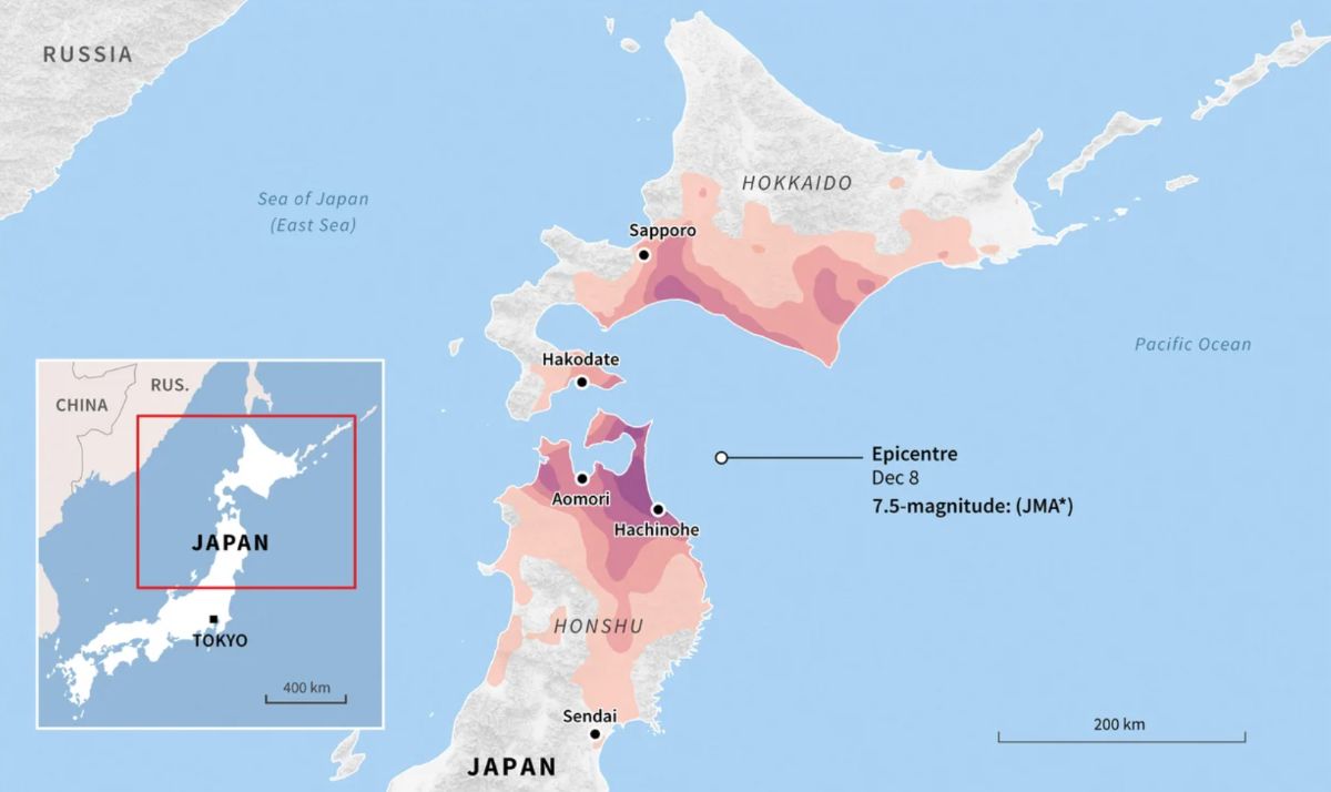 Location of earthquakes and aftershocks in Japan on the night of December 8. Photo: JMA