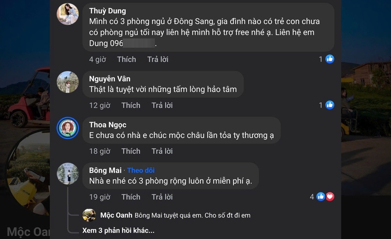 Cac ho gia dinh dang so dien thoai ho tro cho nghi cho khach du lich. Anh chup man hinh facebook