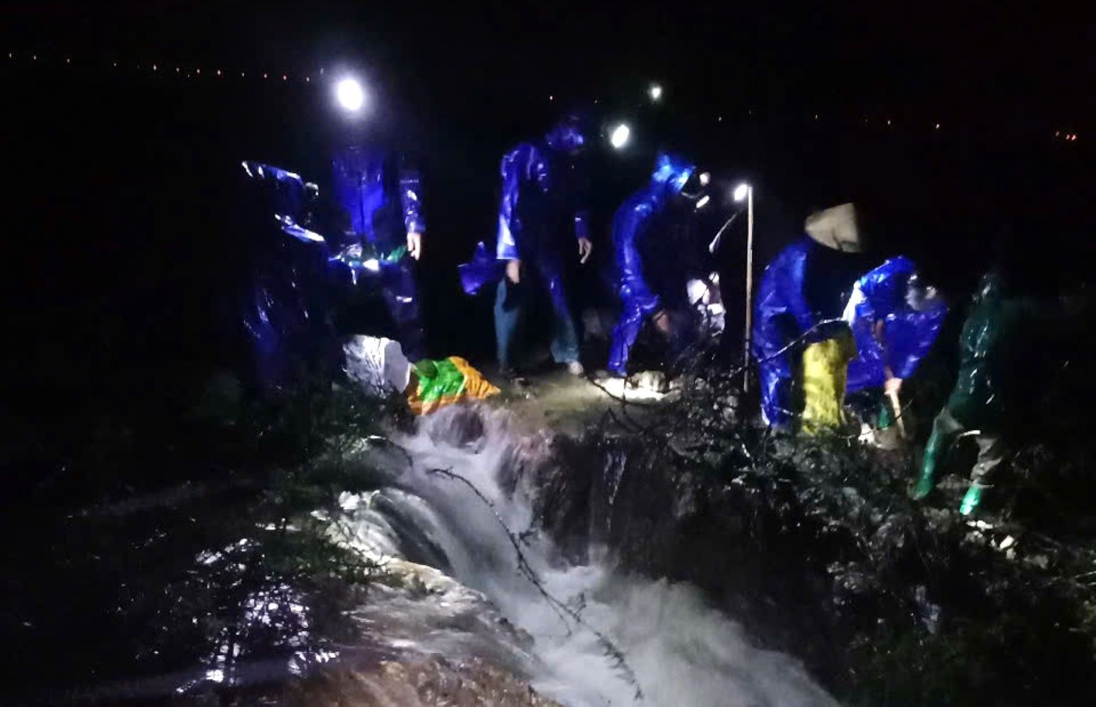 People in the dyke rain, prevent water from overflowing into the fields. Photo: Nhu Loc