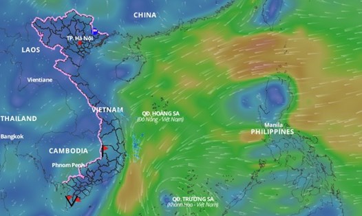 Hôm nay 11.2, rãnh áp thấp đang hoạt động cùng lúc với vùng áp thấp trên Biển Đông. Ảnh: Hệ thống Giám sát thiên tai Việt Nam
