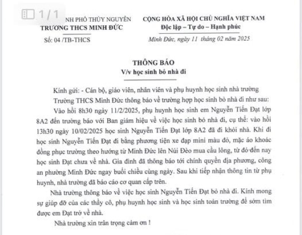 Minh Duc Secondary School (Hai Phong) announced that a male student left home. Text photo