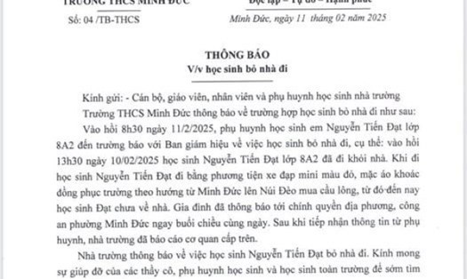 Trường THCS Minh Đức (Hải Phòng) thông báo về việc một nam sinh bỏ nhà đi. Ảnh chụp văn bản