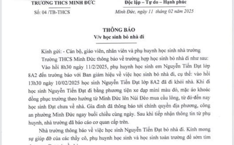 Minh Duc Secondary School (Hai Phong) announced that a male student left home. Text photo