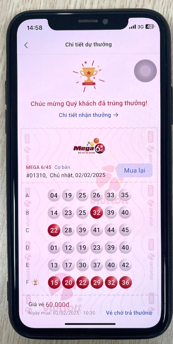 Tấm vé may mắn của anh N.V.N. Ảnh: Vietlott