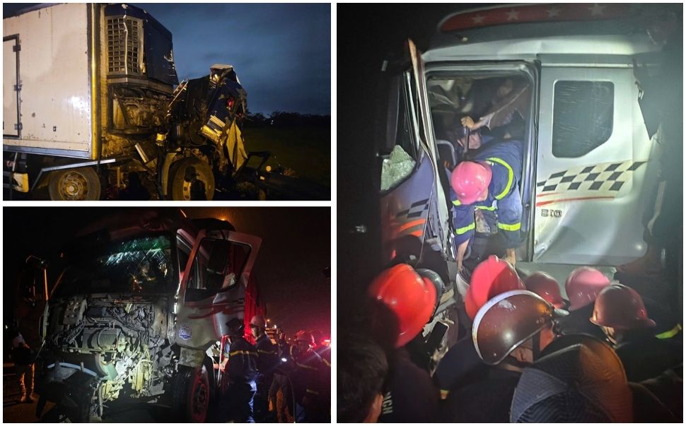 The scene of the accident between 3 trucks on the National Highway 1A bypass through Binh Dinh, injuring 4 people. Photo: Thanh Thanh