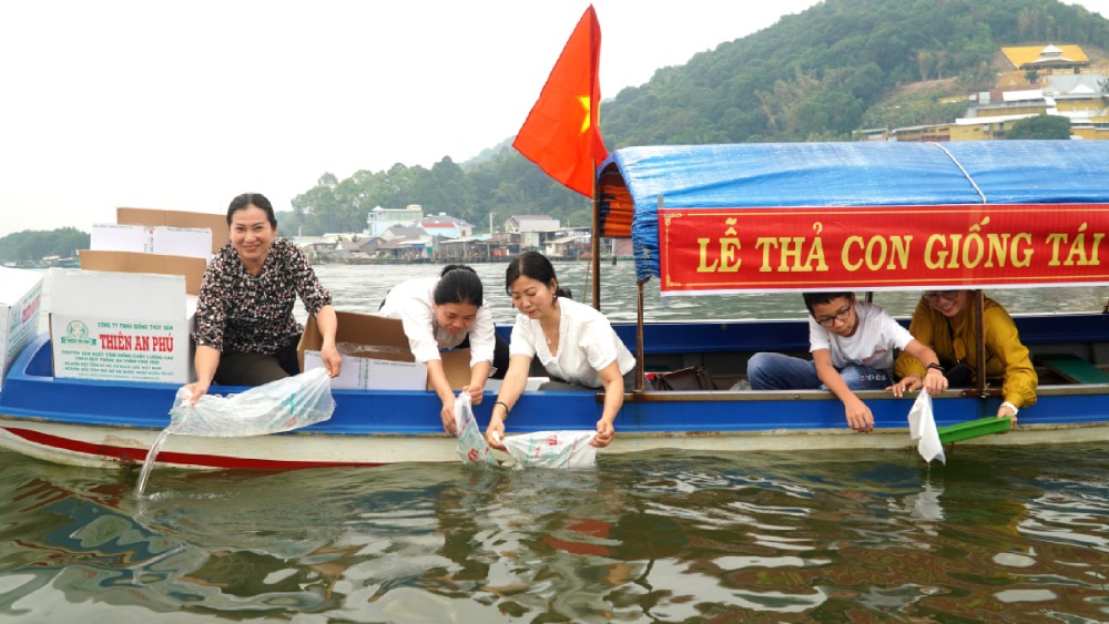 Delegates release fish to restore aquatic resources in Dong Ho lagoon. Photo: Xuan Nhi