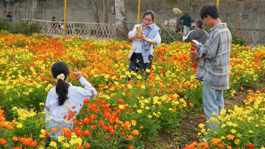 Chi Nga o huyen Cu Lao Dung (tinh Soc Trang) cho biet dip vao Ram thang Gieng chi cung nguoi than di vieng cac chua tren dia ban tinh trong do co chua Chen Kieu. “Ngoai kien truc doc dao thi phia sau chua co mot canh dong hoa vo cung dep, lam chung toi phai bat ngo“, chi Nga noi.