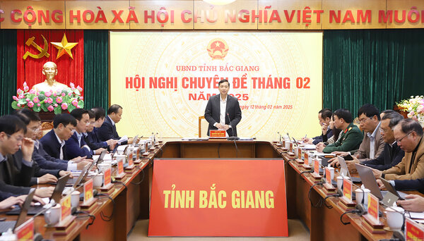 Chairman of Bac Giang Provincial People's Committee Nguyen Viet Oanh chaired the February thematic conference. Photo: Bac Giang Portal
