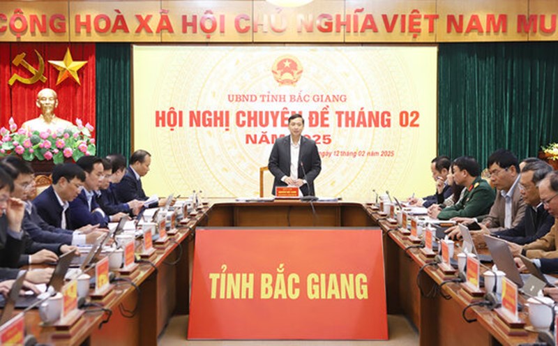Chairman of Bac Giang Provincial People's Committee Nguyen Viet Oanh chaired the February thematic conference. Photo: Bac Giang Portal
