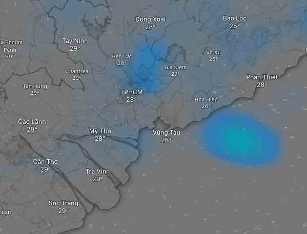 Khu vuc Nam Bo se co mua trong hom nay. Anh: Windy