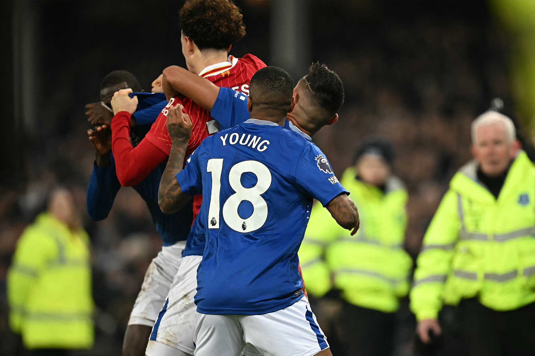The Merseyside Derby broke out in a brawl in the final minutes of the match. Photo: AFP
