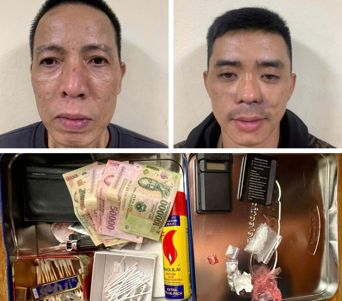 Các đối tượng Đinh Văn Hoan, Đinh Khắc Thắng và tang vật. Ảnh: Công an TP Hải Phòng