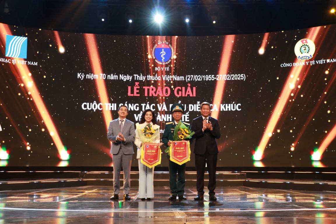 Vice President of the Vietnam General Confederation of Labor Huynh Thanh Xuan (far right) and Deputy Minister of Health Tran Van Thuan presented awards to the authors. Photo: VGCL