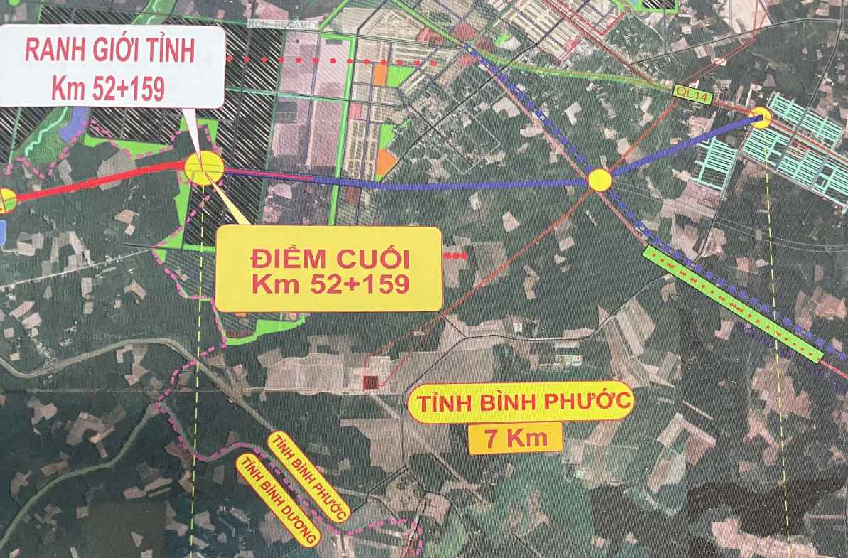 Bản đồ thực hiện dự án cao tốc đoạn giáo ranh Bình Dương và Bình Phước. Ảnh: Đình Trọng