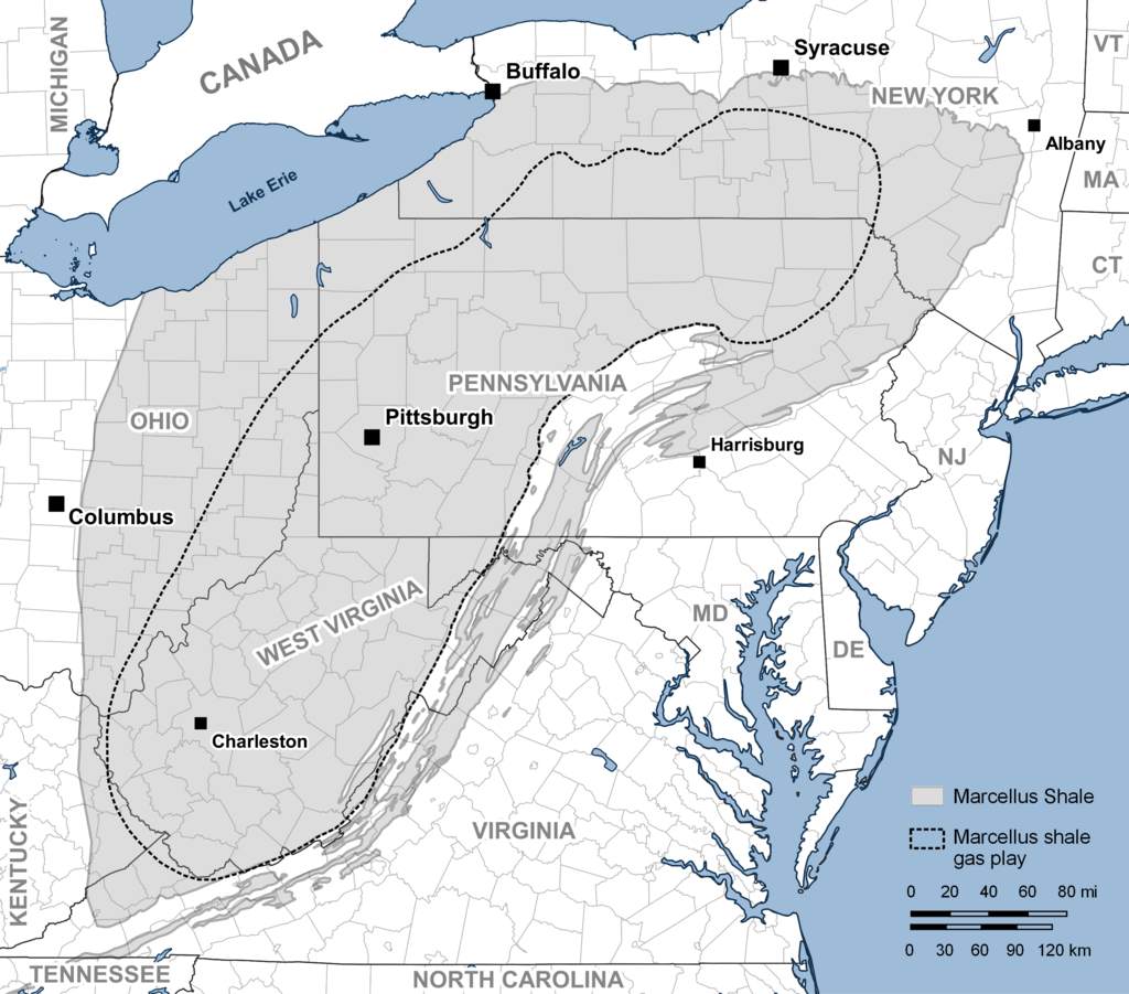 Mo da phien Marcellus trai dai qua cac bang Pennsylvania, New York, Ohio, West Virginia, Maryland, Virginia, Kentucky, Tennessee. Anh: IEA, Wiki